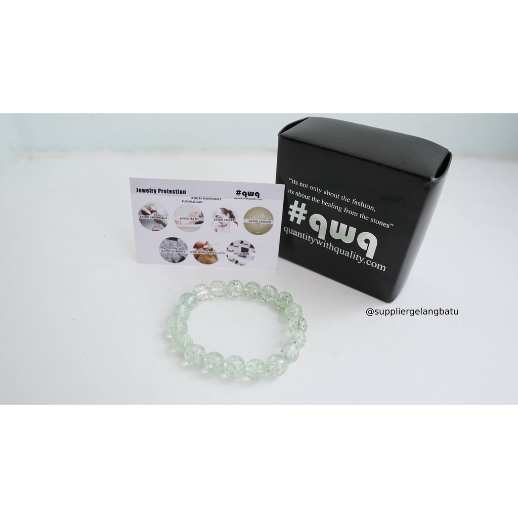 gelang kristal rutilated green quartz kuarsa hijau kotak kado ekslusif