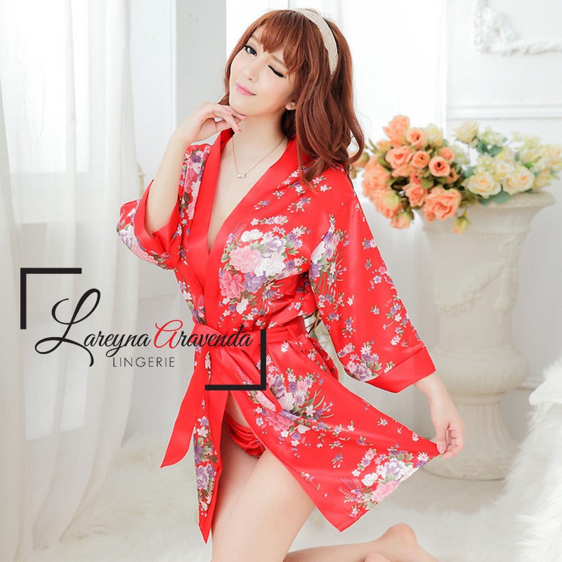 Lingerie Sexy + G String + Bra Bahan Satin Jepang Model Kimono Sakura LG050
