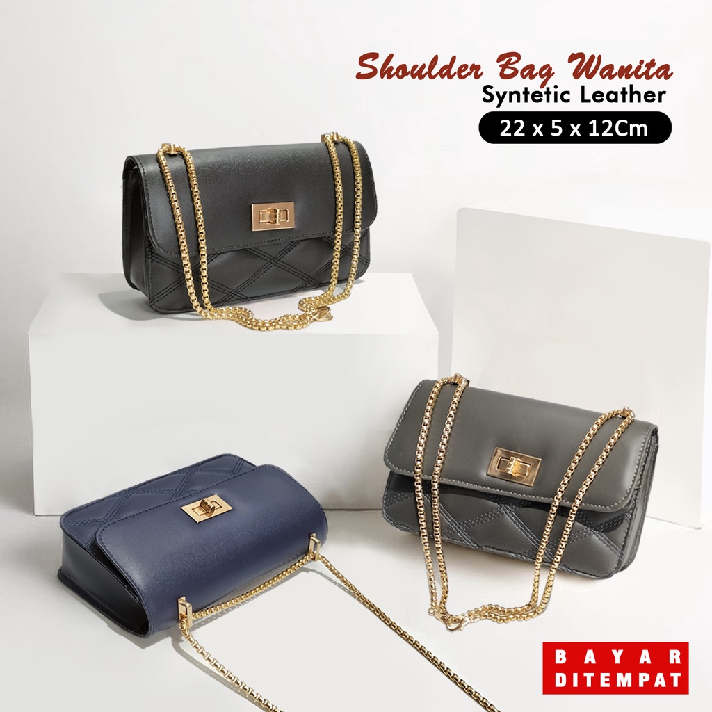 Tas selempang wanita tali rantai panjang shoulder bag kulit sintetis cewek slingbag murah kekinian