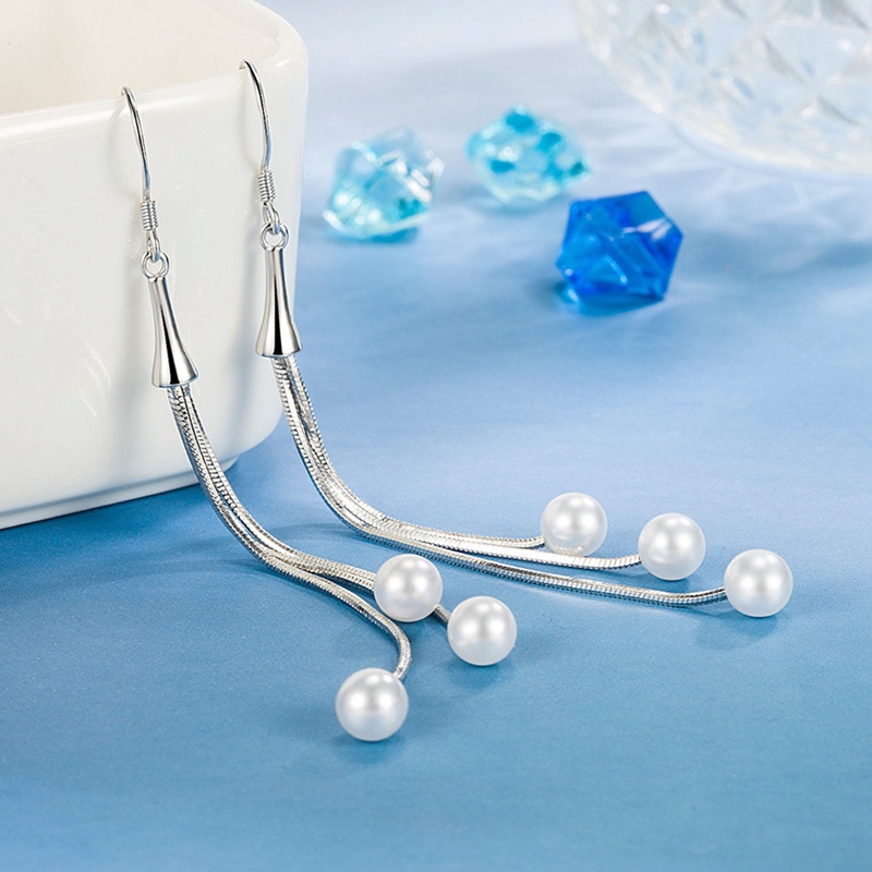 Anting Rantai Panjang Warna Silver Aksen Moonstone Gaya Korea Untuk Wanita