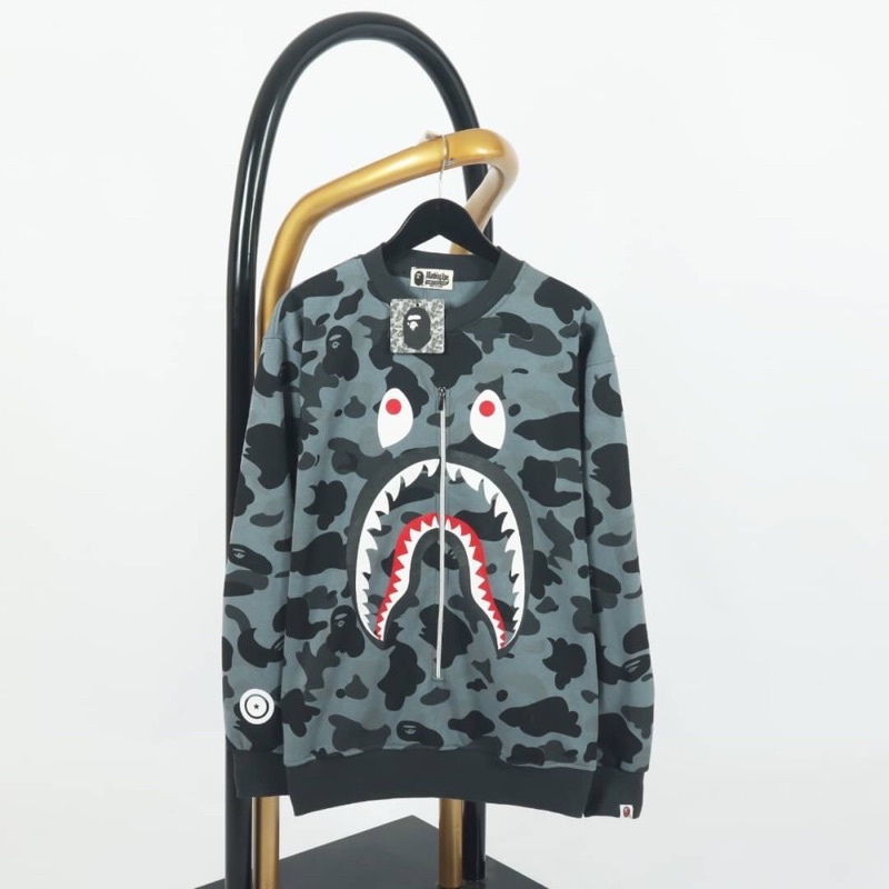CREWNECK BAPE | SWEATER BAPE WGM SHARK CAMO GREY FULLTAG 1:1 MIROR ORIGINAL ~ BISA COD