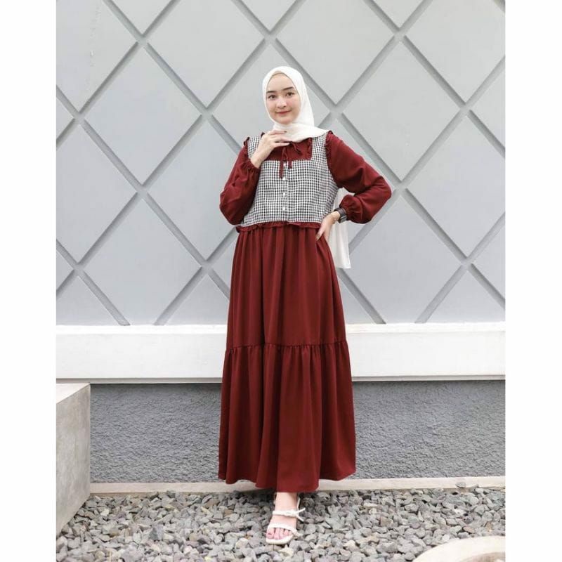 Gamis Remaja Wanita Terbru Dres Muslim Rompi Kotak Kotak Baju Muslim Murah