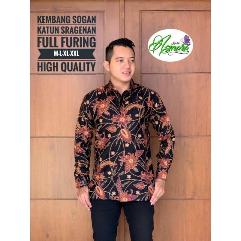 Kemeja Batik Terbaru Warna Merah Hitam Batik Panjang Bahan Katun Full Furing Kembang sogan panjang