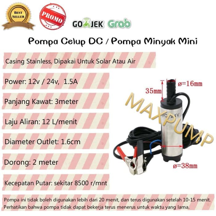 MAXPUMP DC12V 38MM POMPA CELUP MINI DC 12VOLT UNTUK SOLAR DAN AIR STAINLESS POMPA MINYAK OLI DC POMPA MINI