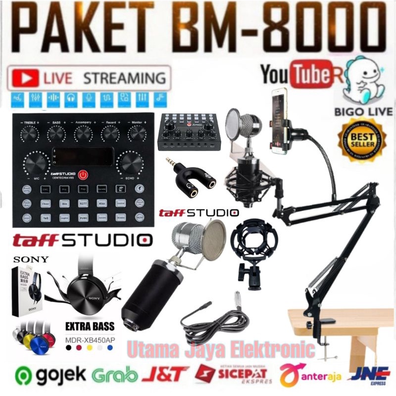 Paket Mic BM8000 Soundcard V8s New Stand D6 Phone Holder Recording