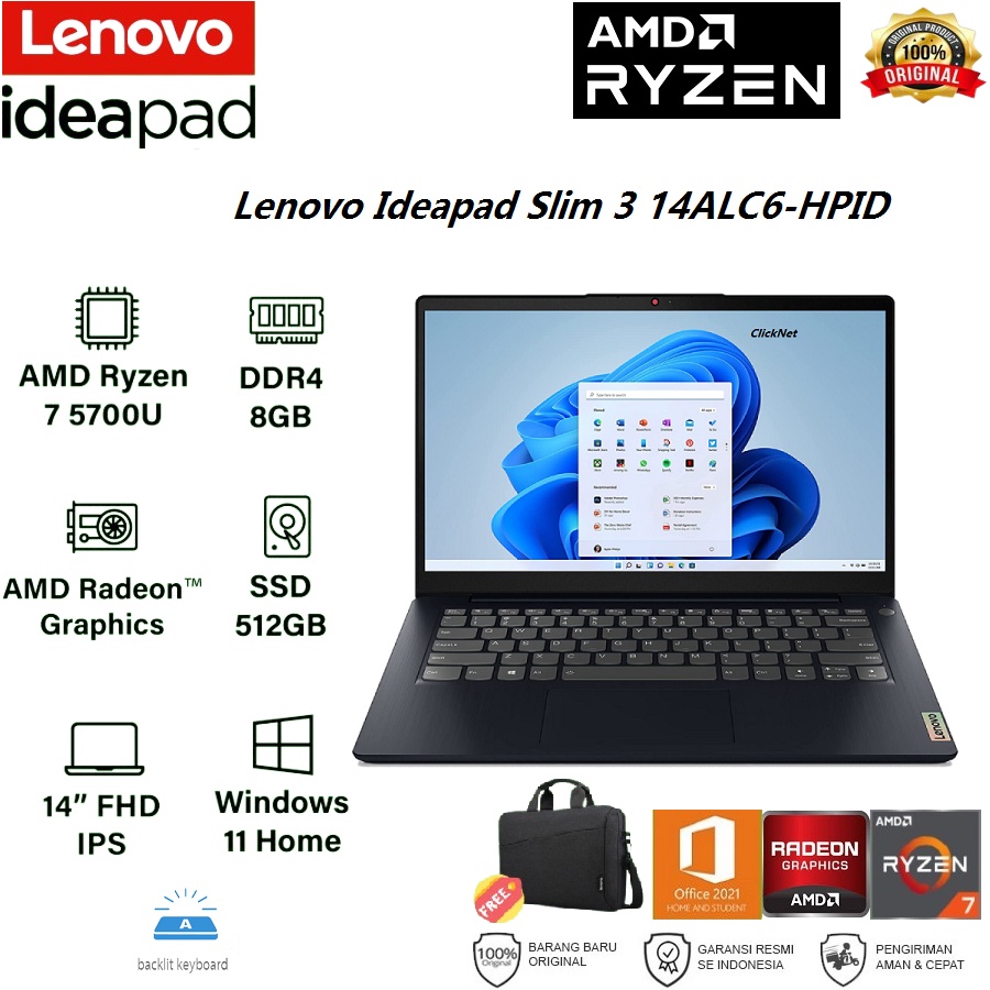 LENOVO IDEAPAD 3 14ALC6 HPID AMD Ryzen 7-5700U 8GB 512GB SSD FHD IPS WIN11 OHS