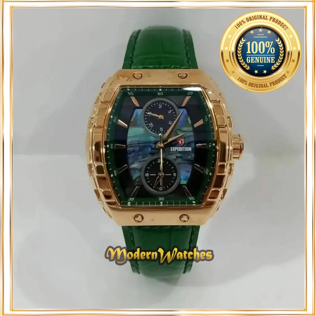 Jam Tangan Original Wanita Expedition E 6782 Sporty Kulit Hijau Green Rosegold Terlaris Expedision