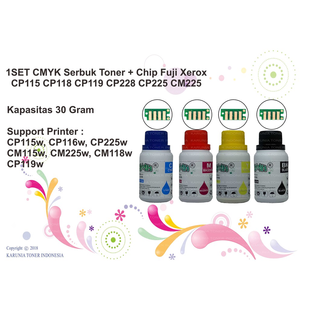 1SET CMYK Serbuk Toner + Chip Fuji Xerox CP115 CP118 CP119 CP228 CP225 CM225