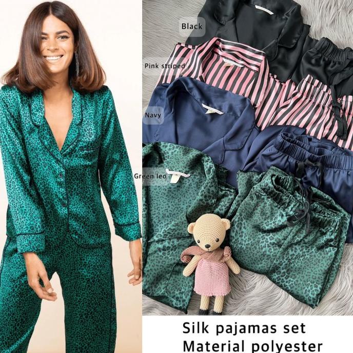 Set Piyama Lengan & Celana Panjang Victoria Secret Satin Pajamas Polos