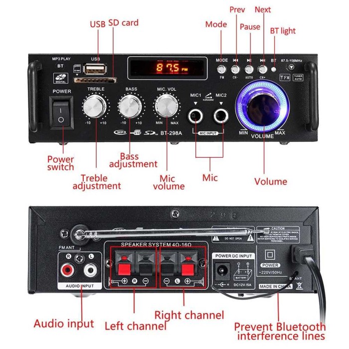 Junejour Bluetooth EQ Audio Amplifier Home Theater FM 600W - BT-298A