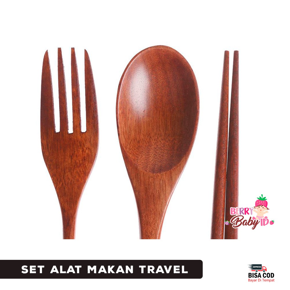 Berry Mart Travel Set 3-in-1 Sendok Garpu Sumpit Style Jepang Bamboo Free Pouch Berry Mart
