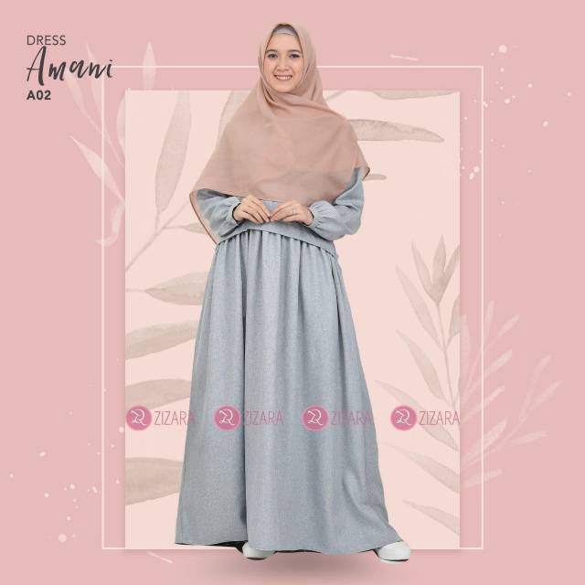 Gamis Amani Dress Kode A02 Warna Dusgreen Abu Kehijauan by Zizara Busui Syari Cantik Adem Nyaman