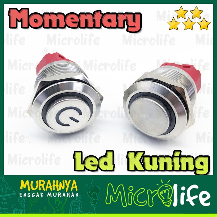 Push on Button Stainless Power LED Kuning 16mm 9-24v Momentary Yellow