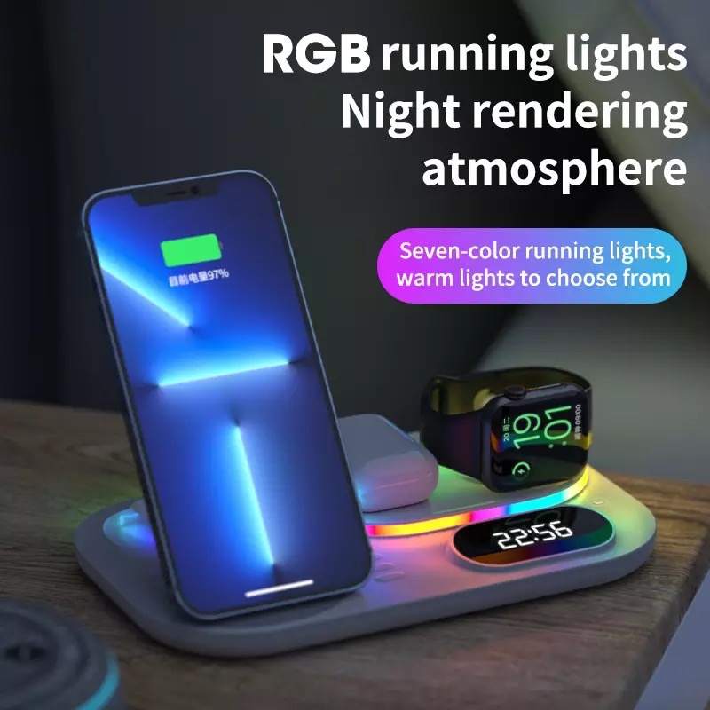 ELAVO Dock charging RGB Lampu Led wireless charger hp iphone 11 12 13 Pro max samsung note s20 apple watch series 1 2 3 4 5 6 SE airpods earbuds galaxy standing Foldable travel jam meja