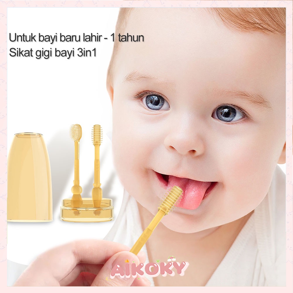 AIKOKY Sikat gigi bayi silikon/Sikat lidah bayi Dengan kotak penyimpanan Cocok untuk 0-18 bulan