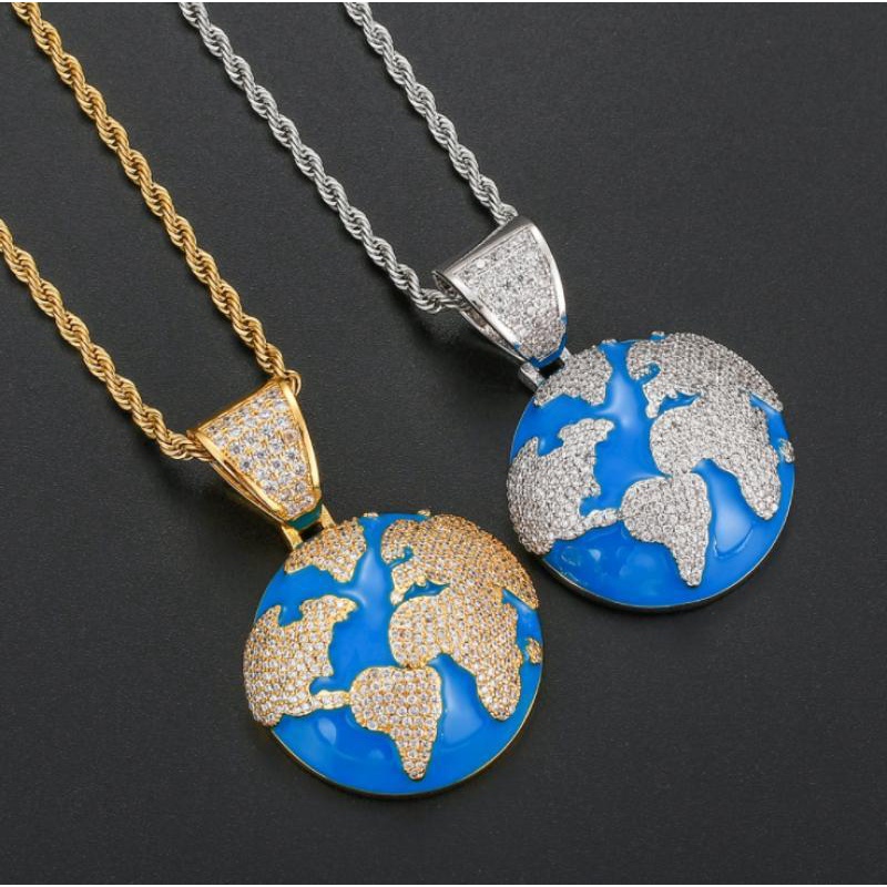 Perhiasan Kalung Liontin Drop Oil Micro-Inlaid Zircon Blue Earth Gaya Hip Hop Untuk Pria