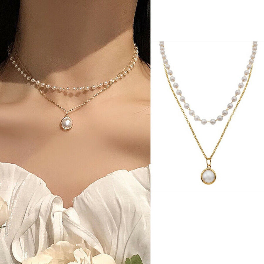 Kalung Choker Rantai Klavikula Hias Liontin Mutiara Ganda Untuk Wanita