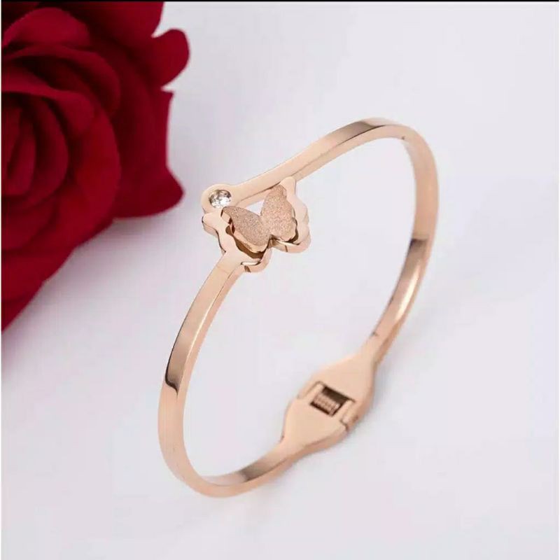 Fourfashion Gelang Bangle Titanium Model Butterfly With Diamond Artificial Tersedia Warna Rose Gold