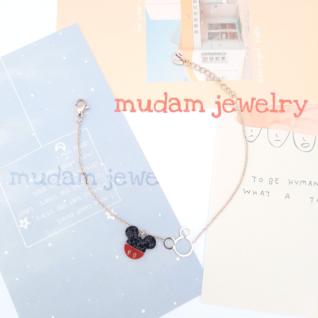 Gelang Rantai Titanium Model Mickey Hitam Merah Tersedia Warna Rose Gold dan Gold