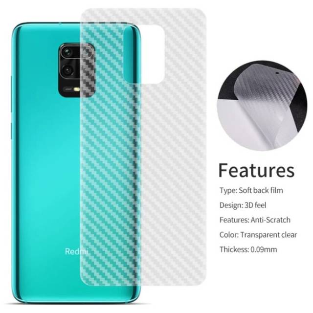 2IN1 Garskin Carbon 3D Xiaomi Redmi Note 9 Skin Karbon Pelindung Anti Gores Belakang Karbon Premium