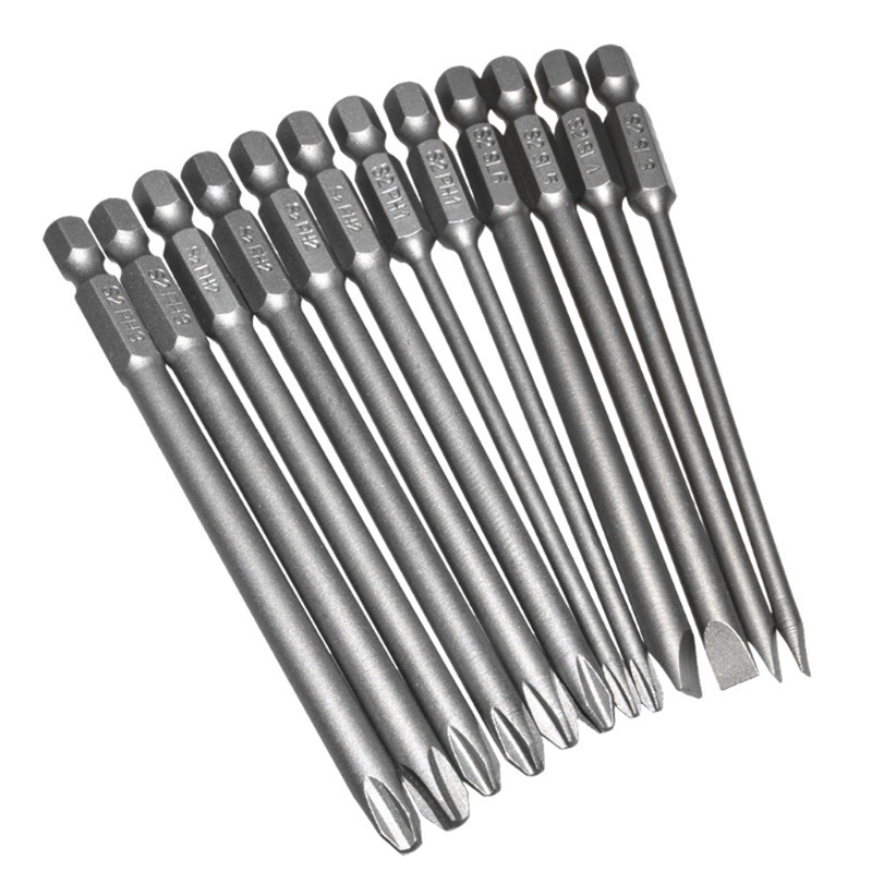 Mary 12pcs / set Mata Bor Obeng Magnetik S2 Slotted Phillips Bahan Alloy Steel 100mm