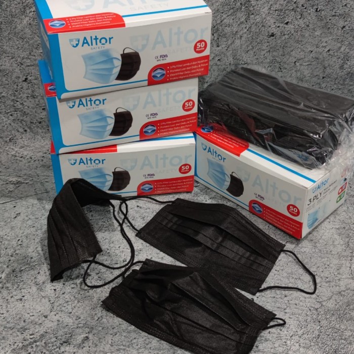 Masker hitam 3 ply EARLOOP / Disposable 3 PLAY 1 box isi 50 pcs Masker medis hijab hitam