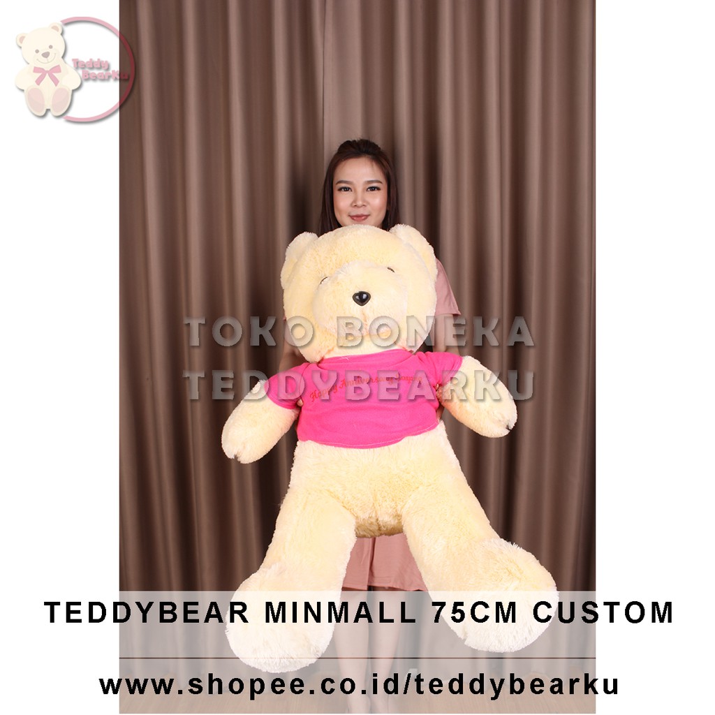 Teddy Bear Cream Baju Pink+ Tulisan Custom Boneka Beruang Mini Mall 75CM XL