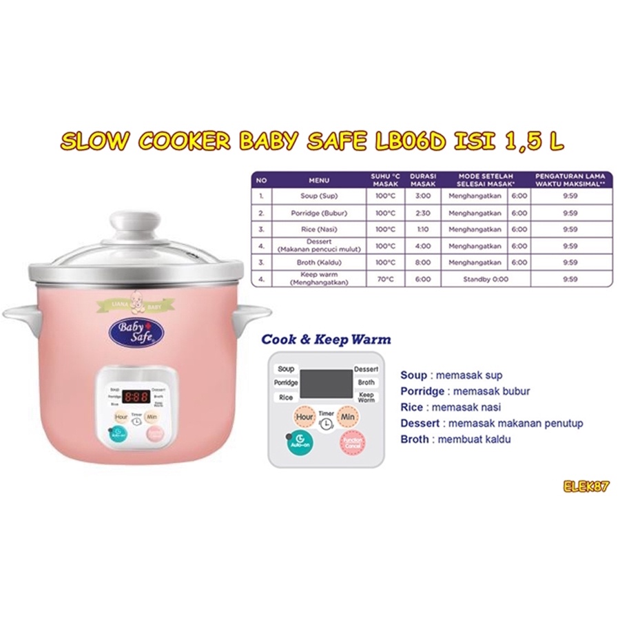 Baby Safe Slow Cooker 1,5L LB06D Pink with Auto Menu Baby Food Maker Alat Makan Bayi