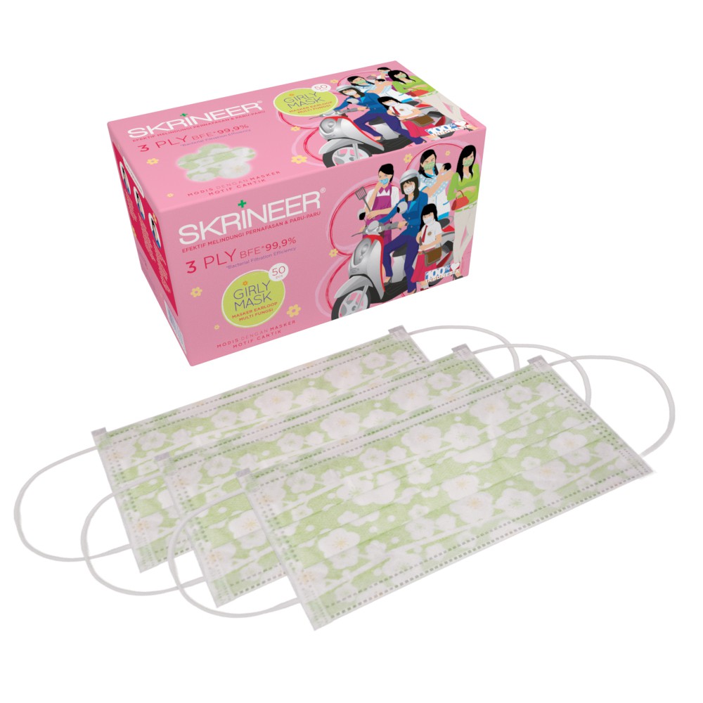Skrineer Girly Mask 3 lapis isi 50 Earloop Motif-Sakura