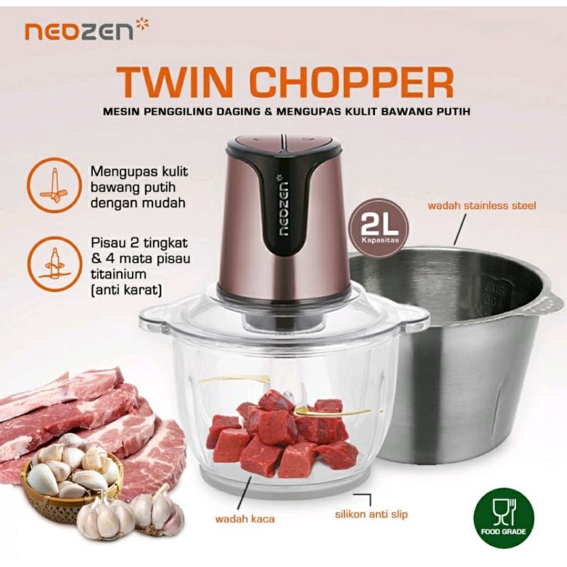 CHOPPER MULTIFUNGSI 2L NEOZEN TWIN CHOPPER DAGING BUAH STAINLESS KACA