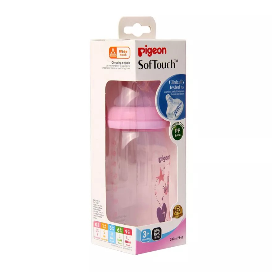 Pigeon Botol Susu SofTouch Peristaltic Plus PP Clear Wide Neck Bottle 3+ Bulan Pink 240ml