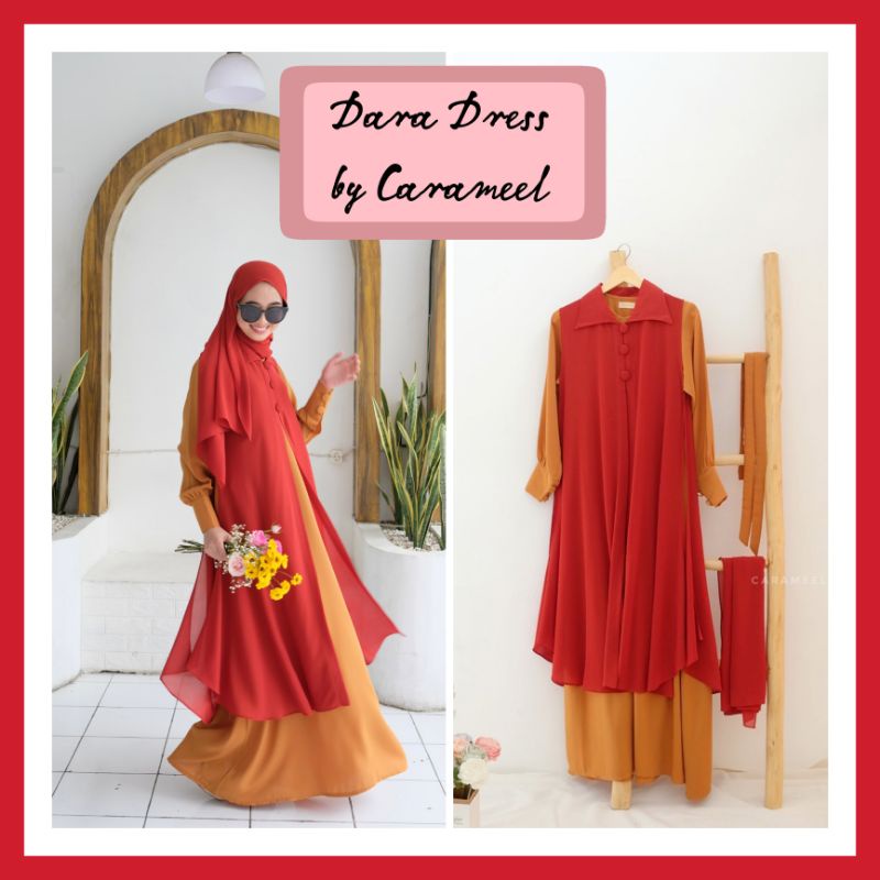 Dara Dress Warna Papaya Set Outer Dan Pashmina Original By Carameel