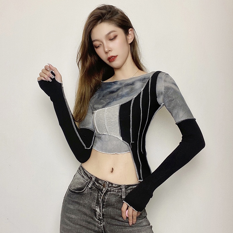 #Sisjuly# Dark Rock Girl Smoke Black Tie Dye Striped Lengan Panjang Irregular T-Shirt Wanita