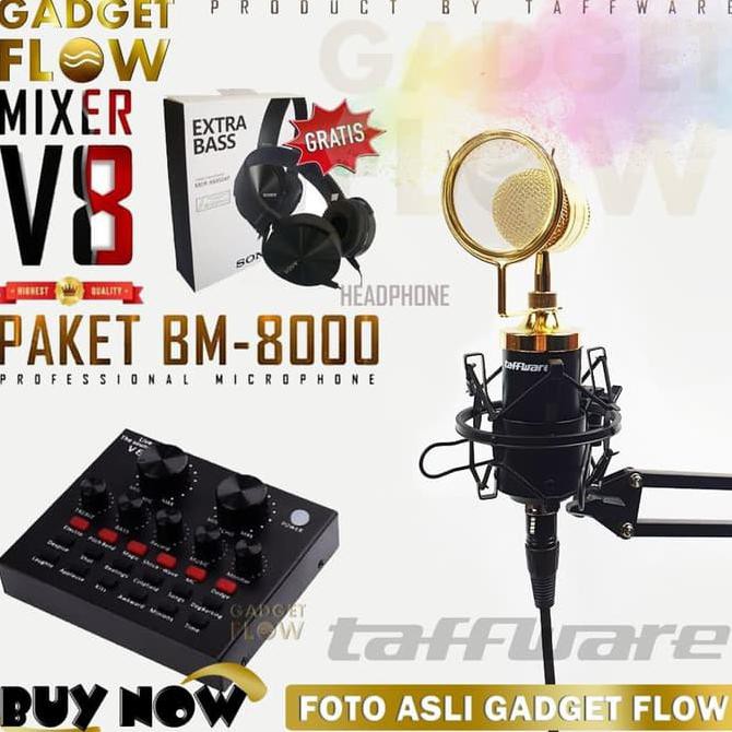 PAKET KOMPLIT MIC BM8000 STAND MICROPHONE BM 8000 SOUNDCARD MIXER V8 - SILVER BLACK
