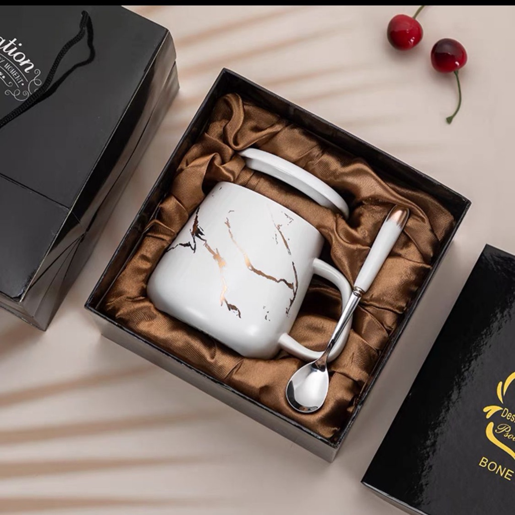 MARBLE Mug GIFT SET Gelas Teh/Kopi motif Marmer dengan tutup dan Sendok