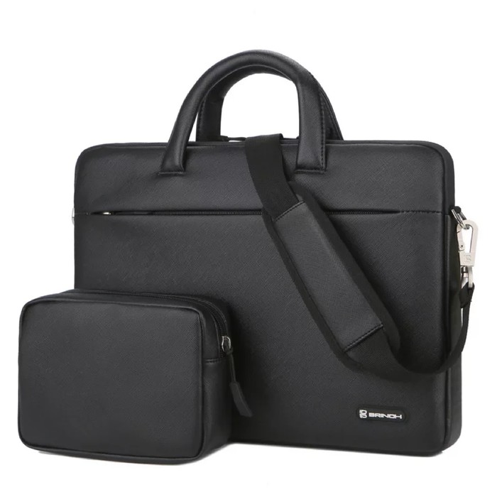 Tas Laptop Selempang BRINCH PU leather with free pouch 13 14 inch black SALE sisa stok tanpa tali/TANPA POUCH