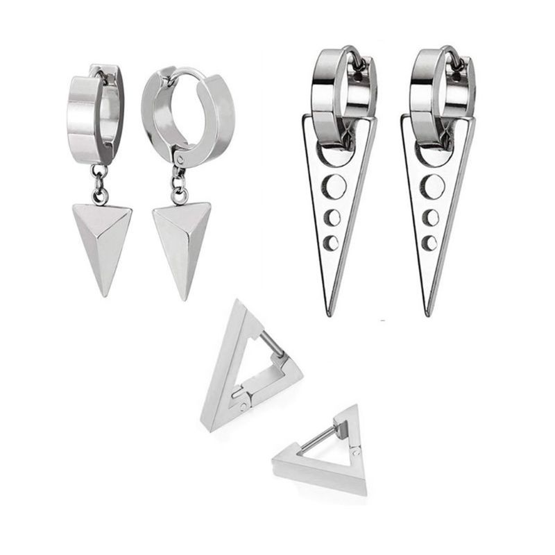 Siy 3 Pasang / Set Anting Tusuk Bentuk Segitiga Bahan Stainless Steel Untuk Pria / Wanita