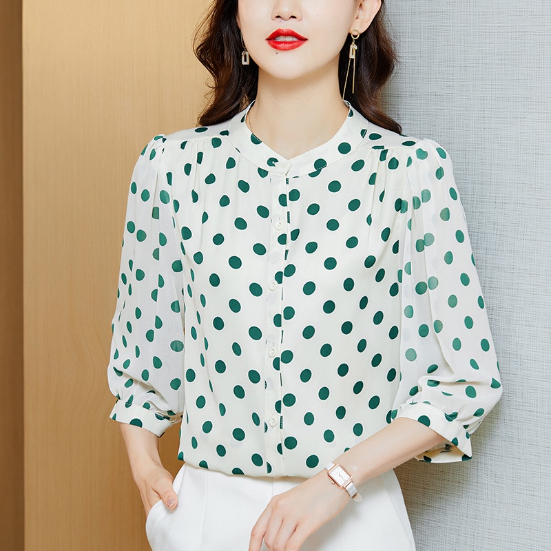 COD 2022 New Fashion Korean Style 3/4 Sleeve Blouse for Women Black White Polka Dots Summer Shirts Baju Kemeja Wanita Kekinian Putih Hitam 2023t