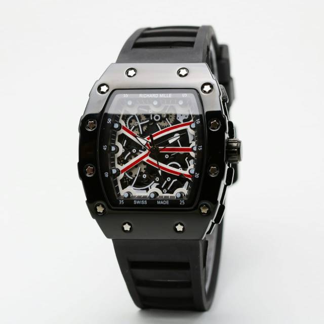 ARLOJI CASUAL PRIA RM ANALOG CHRONO VARIASI SUPER BLACK EDITION