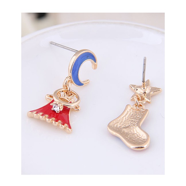 LRC Anting Tusuk Fashion Red Xingyue Christmas Bell Christmas Boots Asymmetric Stud Earrings A58312