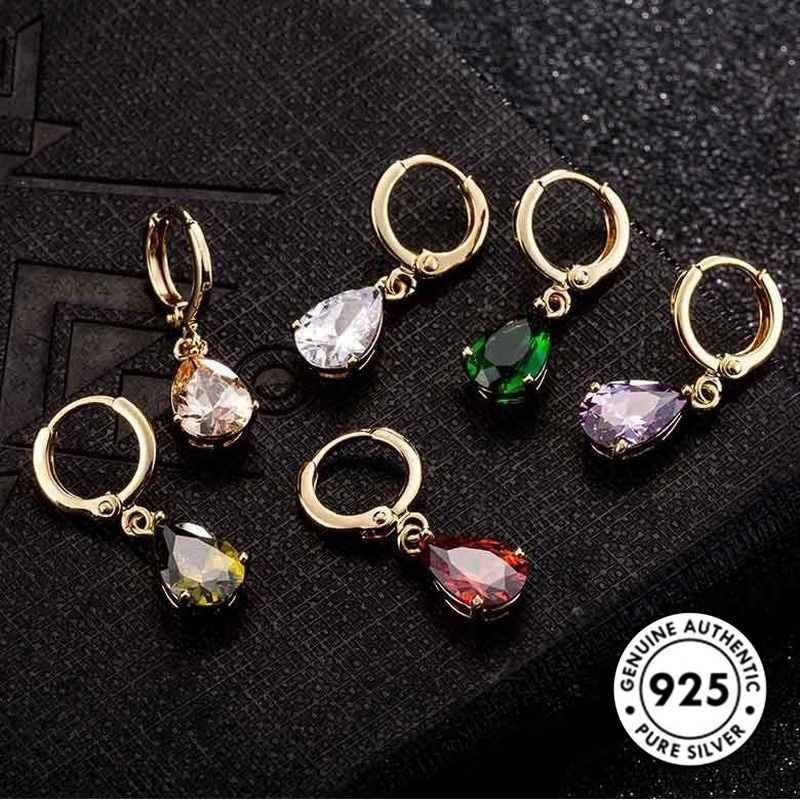 Anting Tusuk Sterling Silver 925 Model Tetesan Air Dengan Permata Warna-Warni Untuk Wanita