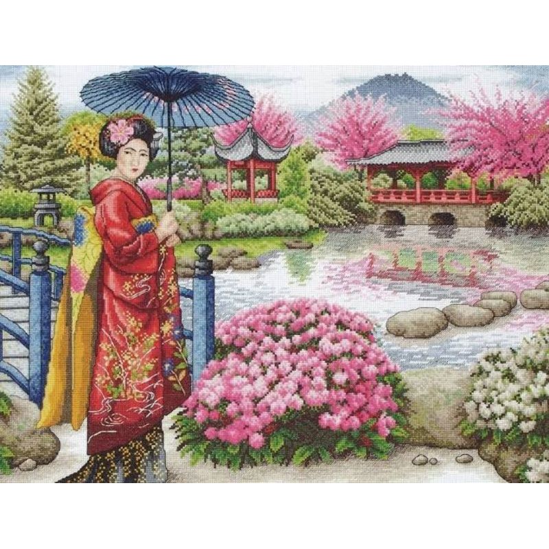 Paket kristik pemandangan sakura japanese garden geisha cross stitch 14ct 11ct embroidery kerajinan 