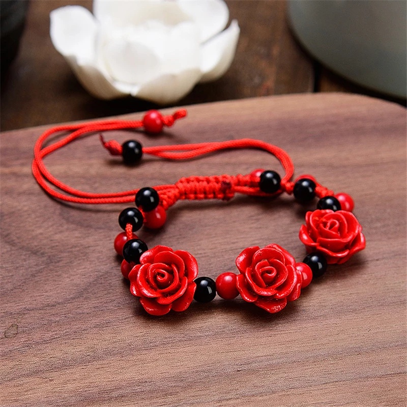 Vintage National Style Rose Carved Handmade Weave Bangle/ Exquisite Red Rope Beaded Craft Bracelet