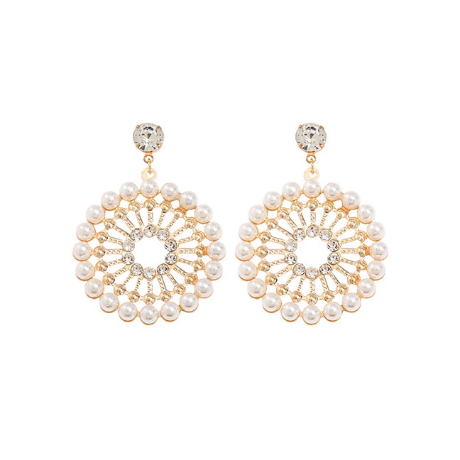 LRC Anting Tusuk Fashion Golden Round Alloy Diamond And Pearl Openwork Earrings K10066