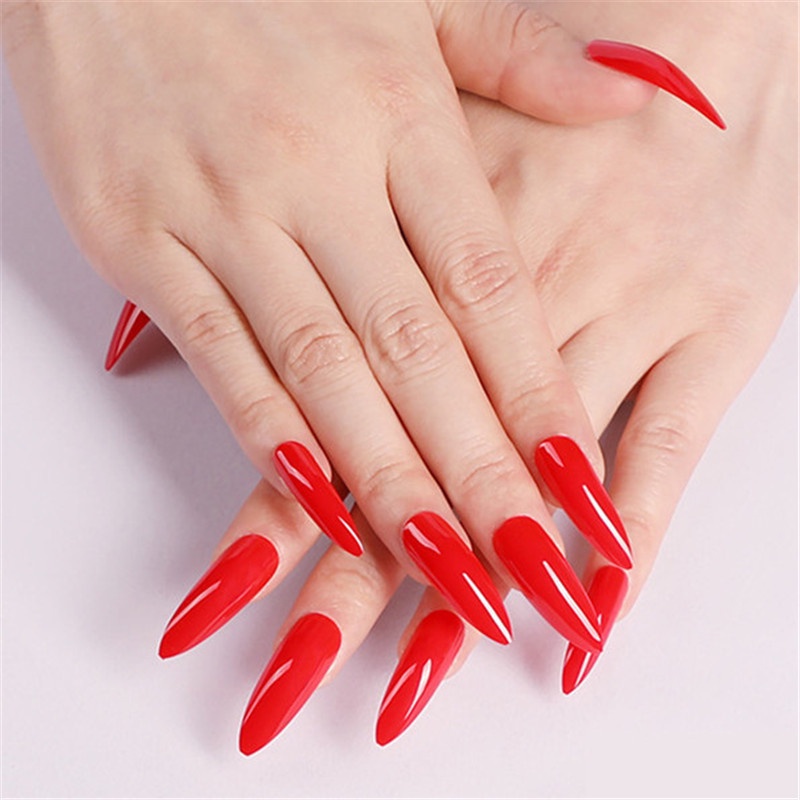 100pcs / Set Kuku Palsu Panjang Full Coverage Stiletto Ballerina Bahan Akrilik Warna-Warni Untuk Manicure