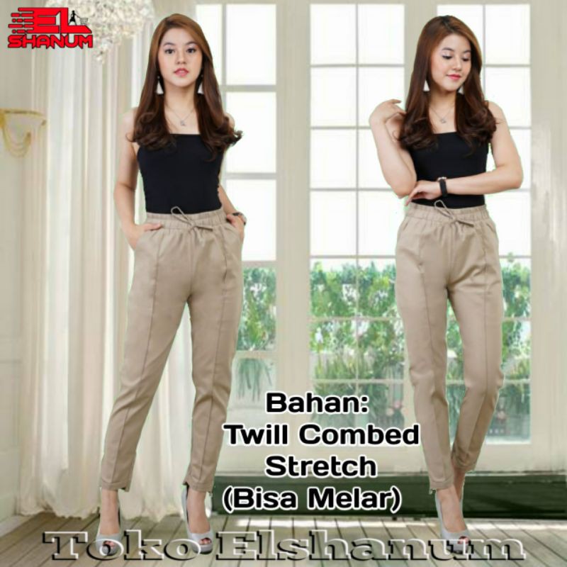 Celana Wanita Baggy Pants Pinggang Karet Bahan Premium Twill Stretch Tebal | Celana Panjang