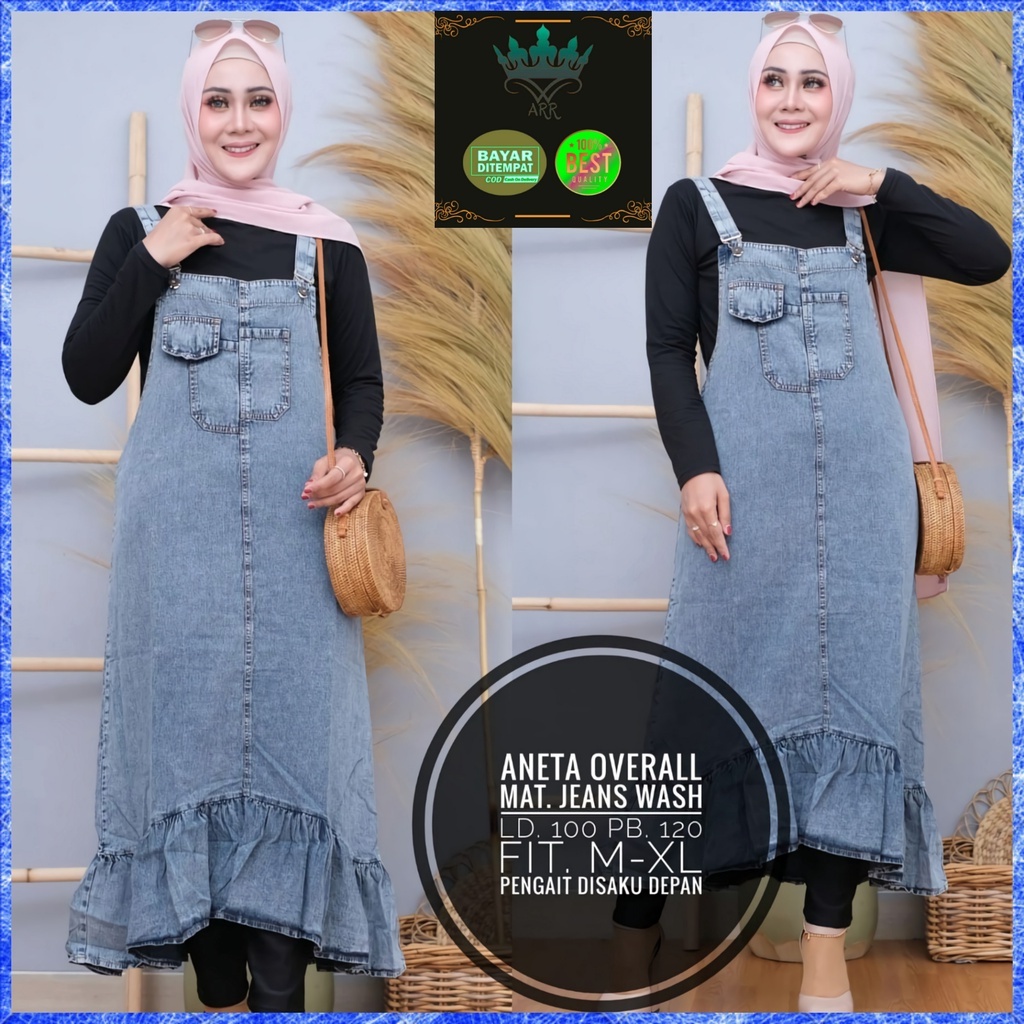 Baju Kodok Overall Dress Jeans Wanita Polos Premium Ld 100 P 120 Aneta Snow Overall Allsize