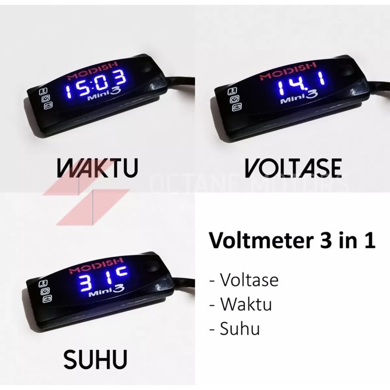 VOLTMETER 3 IN 1 DIGITAL VOLTAGE TEMPERATUR SUHU JAM / WAKTU WATERPROFF ANTI AIR BUAT SEMUA JENIS MOTOR