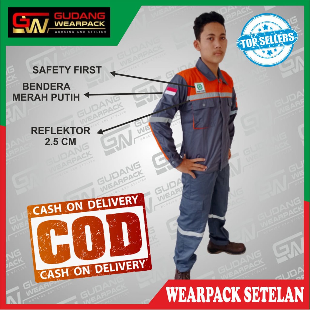 Star Wearpack - Baju Kerja Proyek Baju &amp; Celana Warna Abu Kombinasi Oren