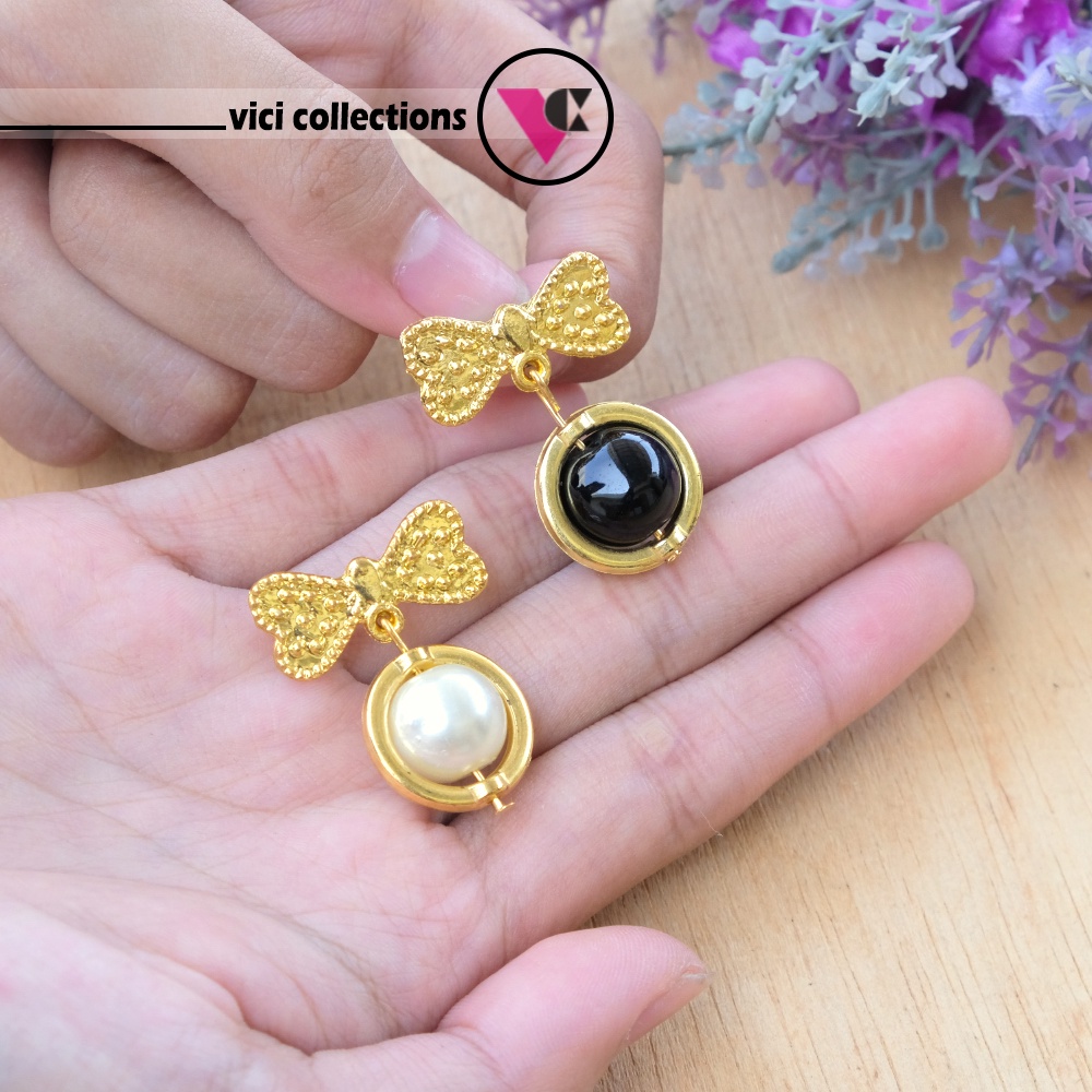 Vici Bros Hijab / Jilbab Kecil Mungil Mutiara Putih Hitam Ring Gold BK106